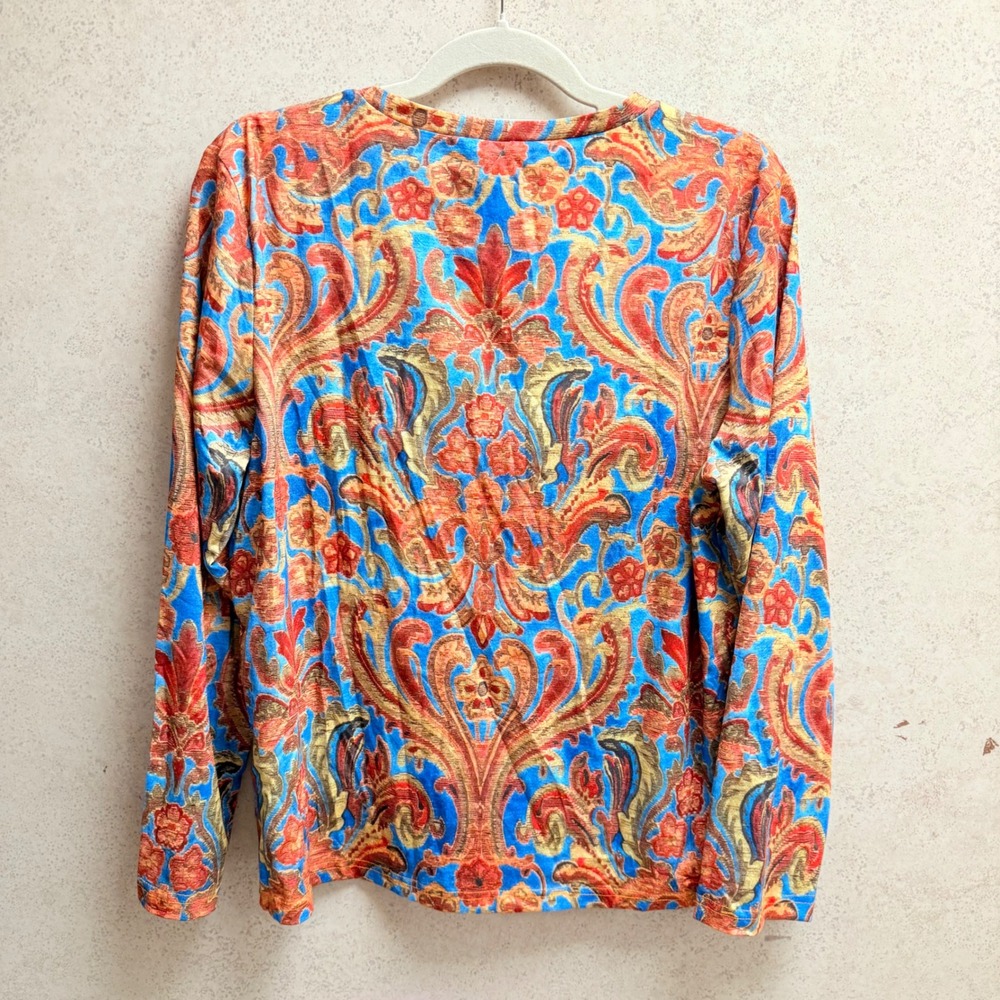 Noracora  Large Womens‎ Jersey Stretch Paisley Print Long Sleeve Blue Orange Top - Picture 5 of 5